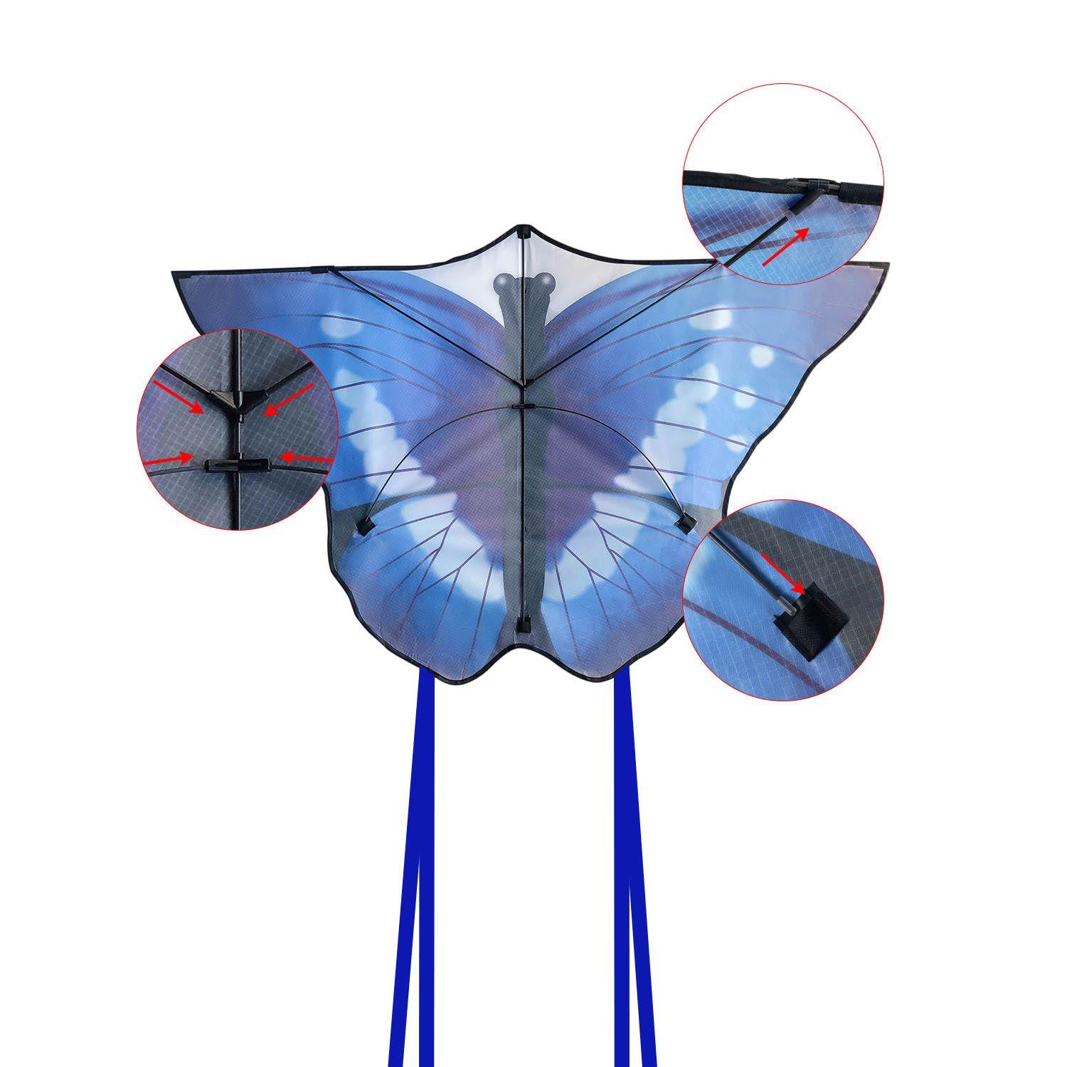 Bdt Drachen, Einleiner, Kite für Kind und Erwachsene *Schmetterling blau* inkl. 30m Leine, 130x85cm